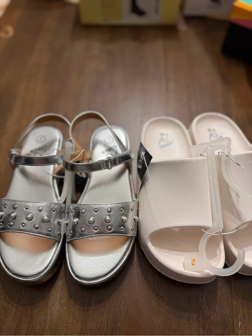 Art Class Metallic Studded Sandal and White Eddie Platform Slide- Size 2 Girls